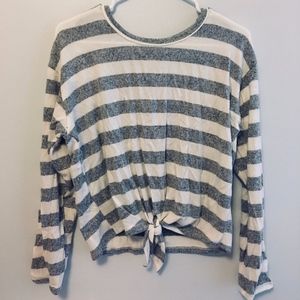 Gray Striped Long Sleeve Tied Top